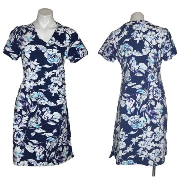 SOFT SURROUNDINGS Shapely Anywhere Dress 28045 Blue Floral Surplice Size Medium - Picture 7 of 8